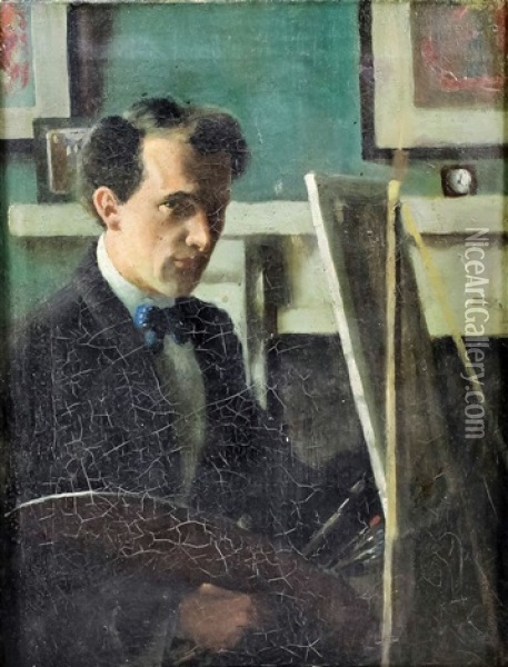 Self Portrait Of The Artist As Young Man Standing By An Easel Oil Painting - James Sinton Sleator