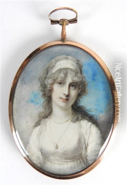 Portrait Miniature Of A Young Lady Wearing A White Dress And Bandeau In Her Powered Hair Oil Painting - Richard Cosway