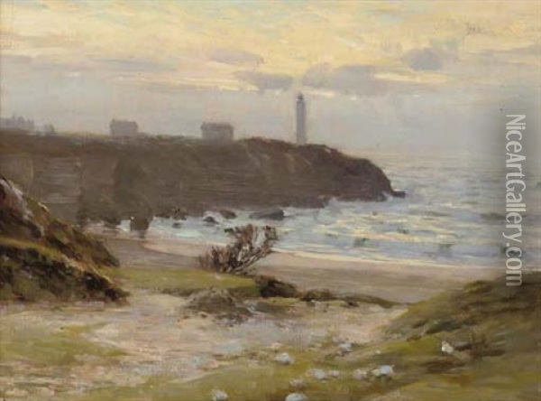 Sunset On The Coast, With A Lighthouse In The Distance Oil Painting - Arthur Meade