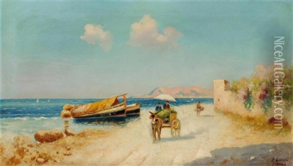 Donkey And Cart At The Sea Oil Painting - Erminio Cremp