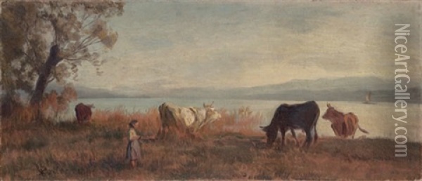 Madchen Mit Kuhen Am Zurichhorn Oil Painting - Johann Rudolf Koller