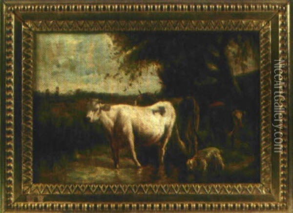 Drei Kuhe Auf Der Weide Mit Trinkendem Hund Oil Painting - Alfred Roll