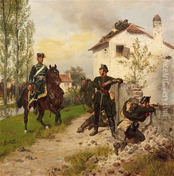 Preusische Jager Und Ein Berittener Husar Oil Painting - Emil Hunten