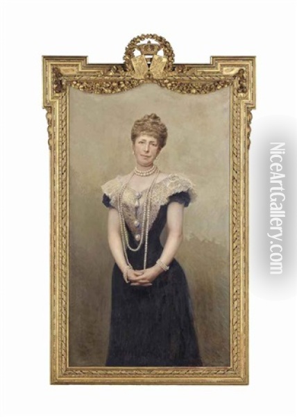 Portrait Of Queen Maria Cristina Of Spain, Queen Consort Of King Alfonso Xii, Three-quarter-length, In A Black Dress With Lace Bodice, Wearing A Pearl Necklace And Bracelets Oil Painting - Jose Llaneces
