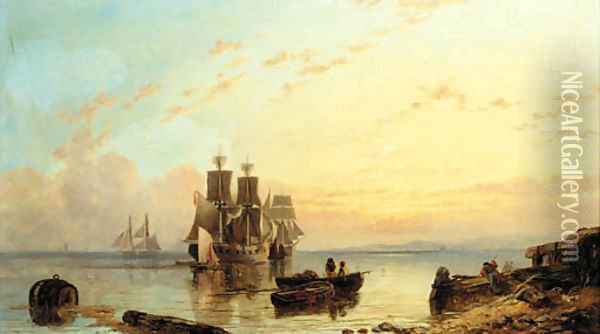 Vessels moored off the coast at sunset Oil Painting - George Stainton