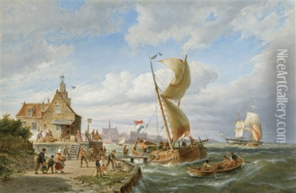 A Crowded Pier Oil Painting - Cornelis Christiaan Dommelshuizen