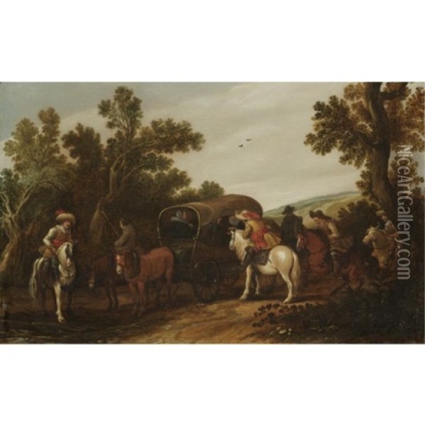A Wooded Dune Landscape With Bandits Holding Up A Covered Wagon Oil Painting - Jan de Martszen the Younger