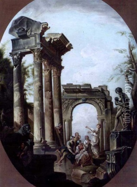 Architectural Capriccio Of Classical Ruins With Figures Oil Painting - Giovanni Paolo Panini