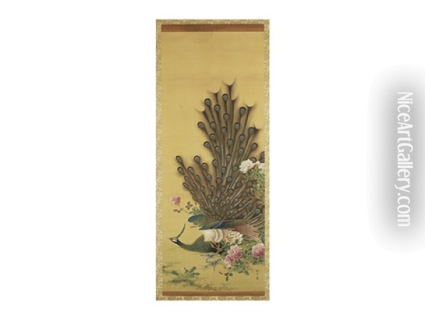 Rose And Peacock Oil Painting - Okamoto Shuki