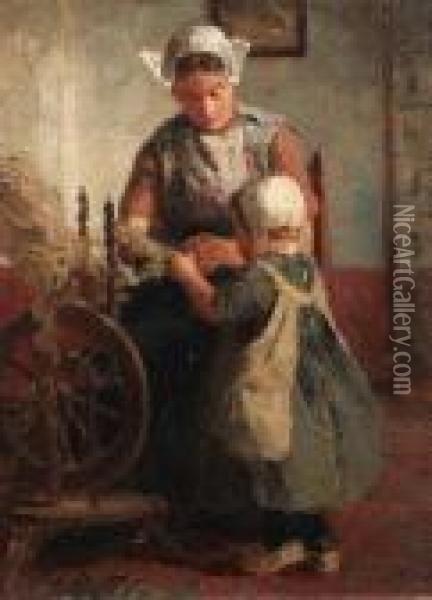 Helping Mother With The Spinning-wheel Oil Painting - Evert Pieters