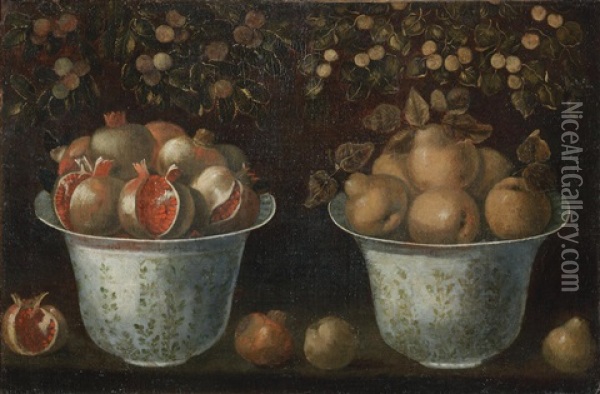 Two Bell-shaped Pots With Flared Rims With Pears And Pomegranates On A Ledge Oil Painting - Tomas Yepes