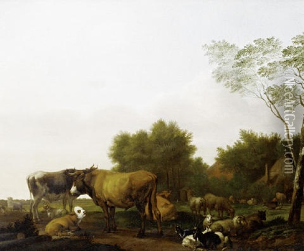 Cattle Grazing In A Meadow, Before An Open Landscape Oil Painting - Jacob van der Does the Elder