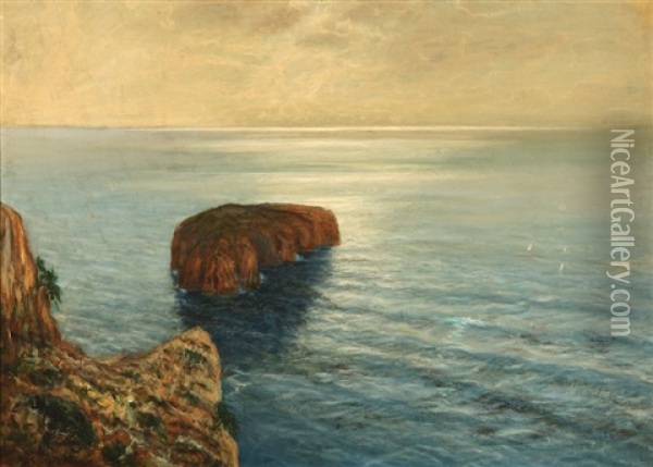 A Summer Day, The Mediterranean, Coastal Rocks In A Calm Sea Oil Painting - Frank William Cuprien