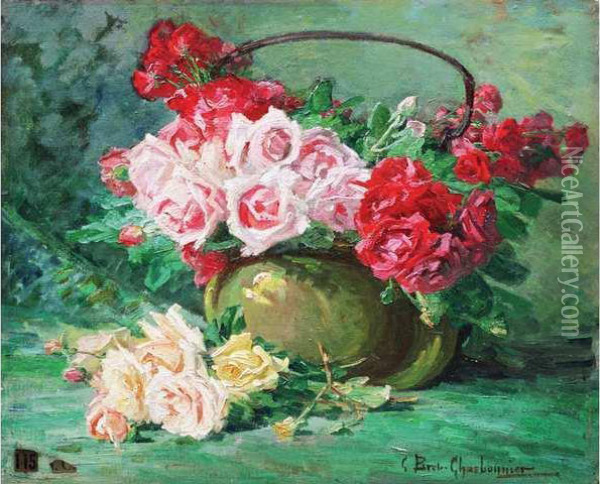 Roses Dans Un Pot Encuivre Oil Painting - Claudia Bret-Charbonnier