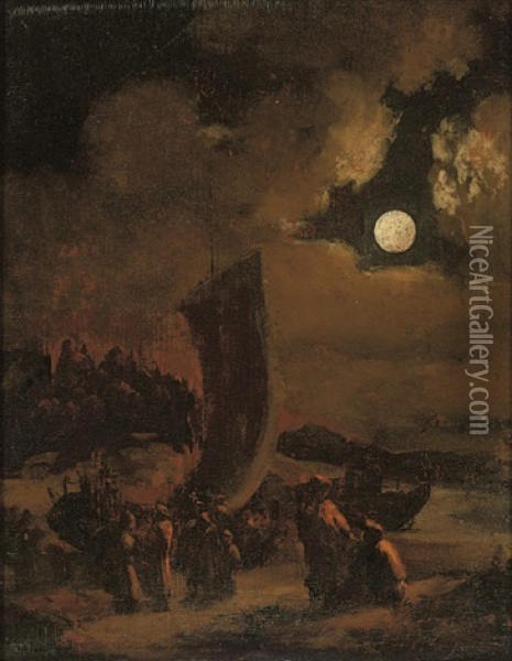 A Moonlit Beach With Figures By Boats Oil Painting - Egbert Lievensz van der Poel