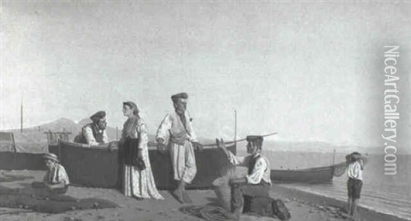 Fisherfolk And Traditional Dancers Beside The Bay Of Naples Oil Painting - Giovanni (Count) Rocca