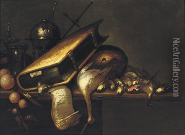 A Vanitas With A Book, Birds, Oranges, A Globe, A Candlestick And An Hourglass On A Wooden Table Oil Painting - Petrus Schotanus