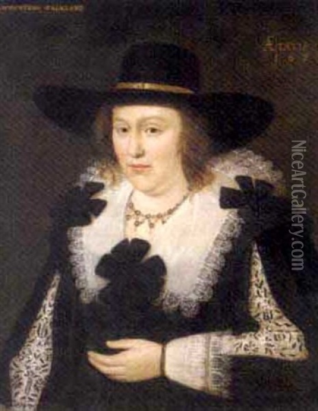 Portrait Of Lettice Morison, Viscountess Falkland, Wife Of Lucius Cary, 2nd Viscount Falkland, In A Black And White Brocade Dress With Lace Collar And A Black Hat Oil Painting - Cornelis Jonson Van Ceulen