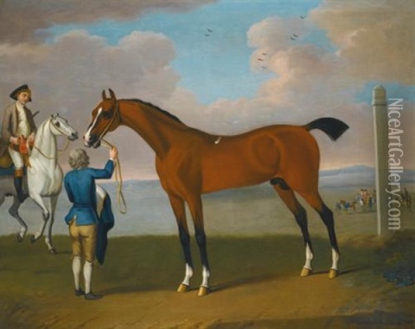 The Duke Of Devonshire's Celebrated Racehorse Flying Childers, Held By A Groom On Newmarket Heath Oil Painting - James Seymour