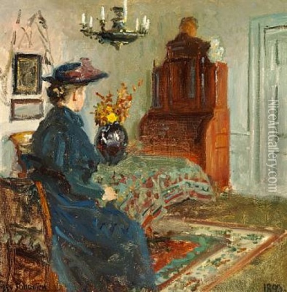 Interior With The Artist's Wife Martha In A Coat And Hat, Seated Oil Painting - Viggo Johansen
