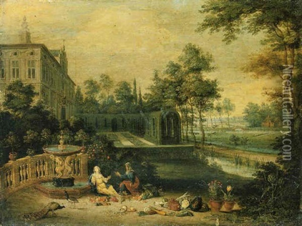 Vertumnus And Pomona Set Within The Grounds Of A Villa Oil Painting - Peter Gysels
