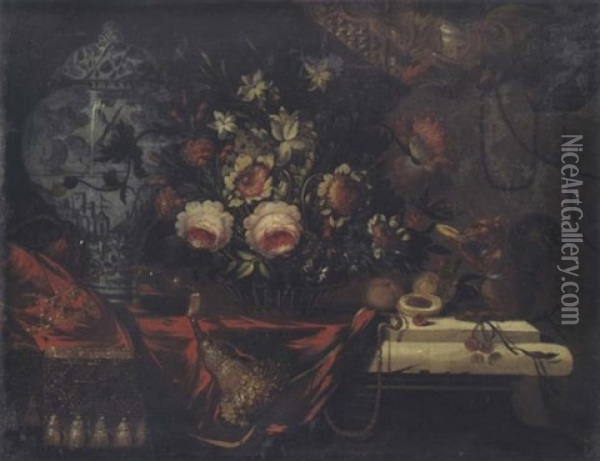 Nature Morte Au Panier De Fleurs, Vase De Delft Et Ecureuil Sur Un Entablement Oil Painting - Pier Francesco Cittadini