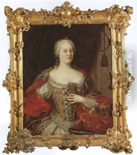 Portrait Of Empress Maria Teresa Of Austria, In A Pearl Encustred Dress And Red Shawl Beside A Crown And Sceptre Oil Painting - Martin van Meytens the Younger