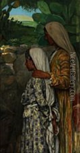 View From Palestine With Mother And Daughter Oil Painting - Axel Theofilus Helsted