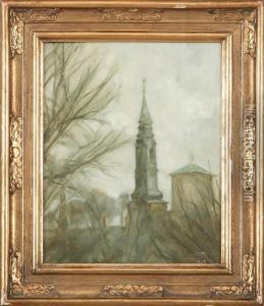 Landscape With Spire Oil Painting - Svend Hammershoi