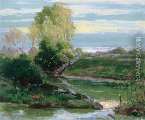 Landscape With Houses By A River Oil Painting - Joseph-Charles Franchere