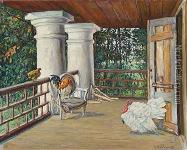 A Turkey And Chicken On A Terrace Oil Painting - Konstantin Semionovich Vysotsky