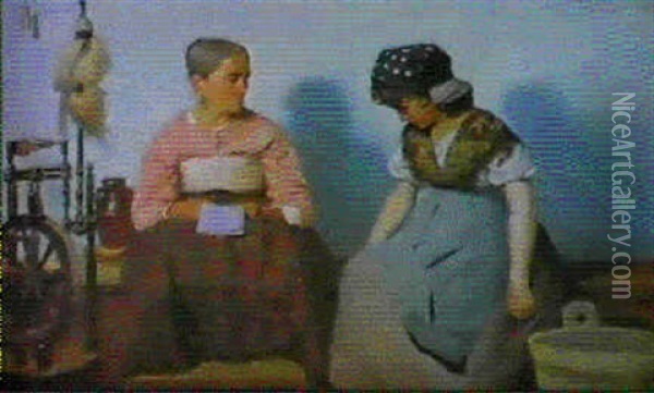 Ein Brief Mit Folgen (in Einer Spinnstube Sitzen Eine Alte  Frau Und Ein Junges Madchen Auf Einer Holzbank) Oil Painting - Paul Wilhelm Keller-Reutlingen
