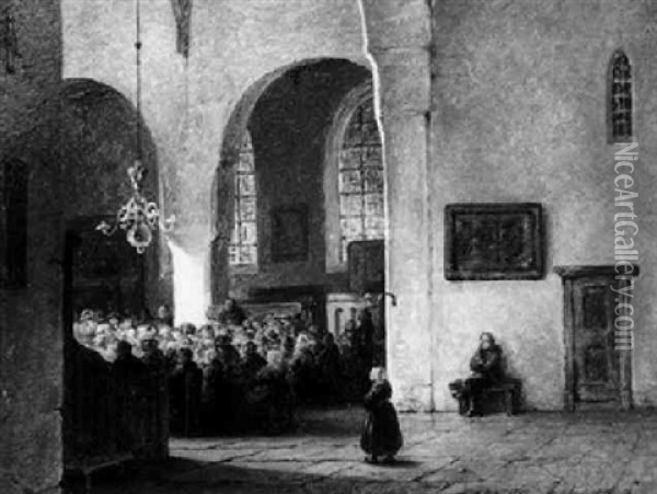 People Attending Mass In A Church Interior Oil Painting - Adrianus Wilhelmus Nieuwenhuyzen