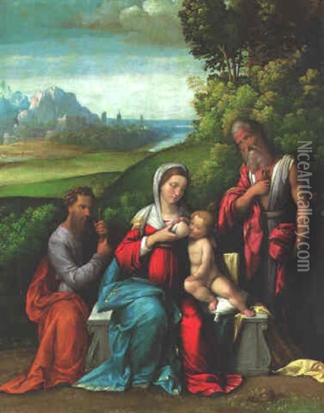 The Holy Family With Saint Andrew In A Landscape Oil Painting - Benvenuto Tisi da Garofalo