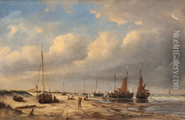 Fishing Boats On The Beach Oil Painting - Lodewijk Johannes Kleijn