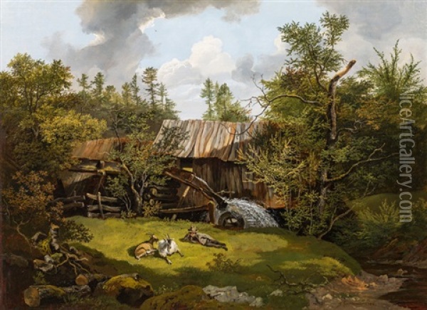 Die Leinersage Beim Lachenbauer Oil Painting - Friedrich Gauermann