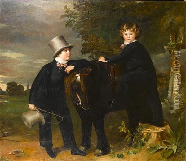 Portrait Of Two Boys With Their Pet Pony, In A Wooded Landscape Oil Painting - Philipp Reinagle