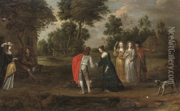 A Wooded Landscape With Elegant Company Courting Oil Painting - Christoffel Jacobsz. Van Der Lamen
