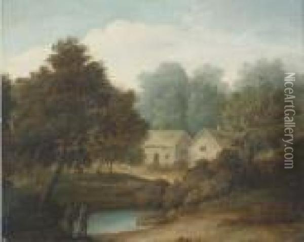 Figures By A Pond With Cottages Beyond Oil Painting - John Rathbone