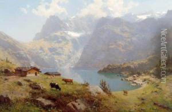 Mountain Landscape With Cows. Oil Painting - Robert Schultze