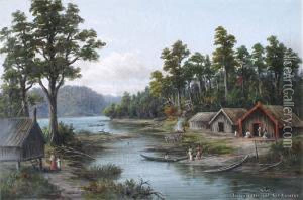 Maori Life, King Country Nz Oil Painting - William George Baker