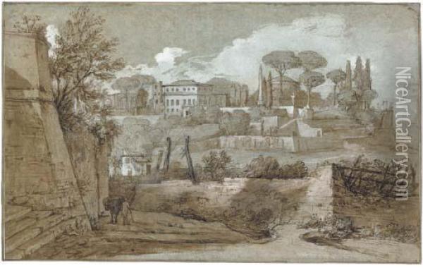 A View Of Houses And Temples On A Hill With Pine Trees, Rome Oil Painting - Nicolas Delobel