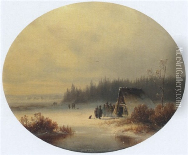 Winterlandschaft Mit Bauern Vor Einer Hutte Bei Einem Feuer Am Wasser Oil Painting - Anton Doll