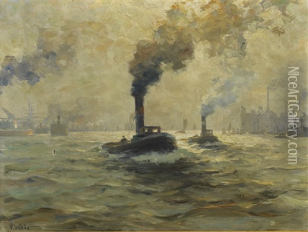 Zwei Dampfschlepper Im Hamburger Hafen Oil Painting - Paul Wolde