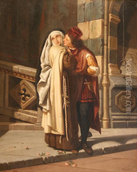 Young Male Courtier Attempting To Kiss An Unwilling Nun In An Italian Street Scattered With Roses Oil Painting - Paul Charles Delaroche