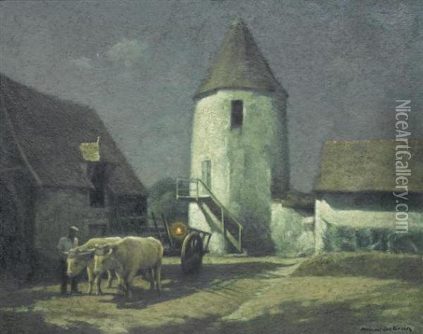 Team Of Oxen Before A Tower Oil Painting - Maurice Grun