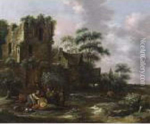 A Village Scene With Peasants 
And Their Children Near A Ruined Tower, A Tavern With Horsemen And Other
 Figures In The Background Oil Painting - Claes Molenaar (see Molenaer)