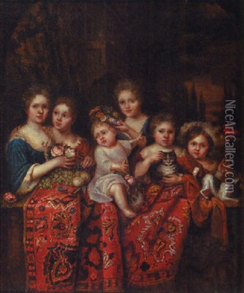 Group Portrait Of Six Children Behind A Draped Balcony, A Landscape Beyond Oil Painting - Caspar Netscher