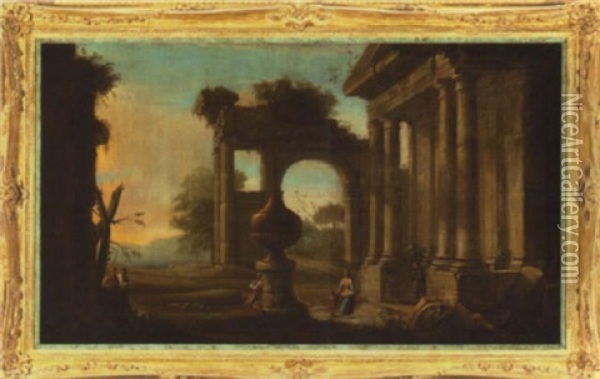 A Capriccio With Urn, Ruins And Figures Oil Painting - Hubert Robert