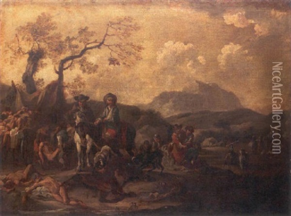 An Italianate Landscape With Infantry And Cavalry By A Camp Oil Painting - Francesco Monti